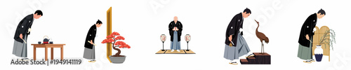Collection of flat vector illustrations depicting Japanese men in traditional kimono and hakama performing various cultural ceremonies and acts of respect.