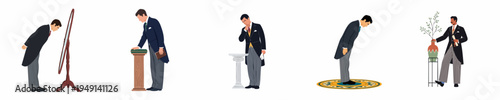 Collection of illustrations featuring a gentleman in classic morning dress performing formal actions like bowing, standing by a column, and holding a document.