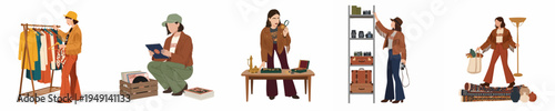 Set of flat illustrations of a woman shopping for vintage items like clothes, records, jewelry, cameras, and home decor at a flea market.