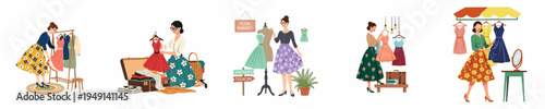 Set of flat vector illustrations depicting women shopping for vintage clothing at markets and organizing retro dresses in 1950s style.