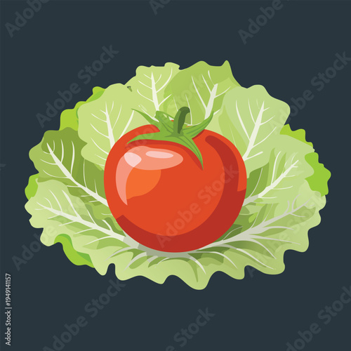 Vibrant red tomato on fresh green lettuce isolated on dark background