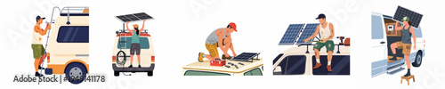 Illustration scenes showing men and women mounting solar panels on van roofs, focusing on DIY off-grid power systems and sustainable van life.