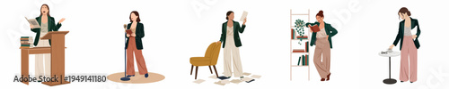 Set of minimalist flat illustrations featuring a professional woman in various roles including public speaking, reading books, and working in an office environment.