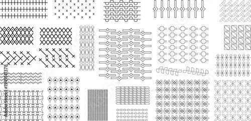 Sewing stitch pattern vector collection embroidery seam stitches set tailoring needlework textile craft line icons decorative stitching elements for fashion design guide
