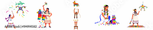 Illustrations of Mexican Women and Children in Traditional Clothing Celebrating with Colorful Pinatas, Including Breaking, Filling, and Hitting Activities.