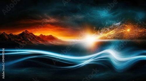 Wallpaper Mural Vibrant Cosmic Landscape with Abstract Waves and Distant Mountains Torontodigital.ca