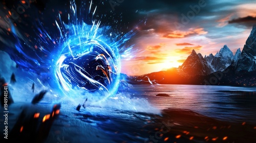 Wallpaper Mural Vibrant Energy Portal in a Scenic Mountainous Landscape at Sunset Torontodigital.ca