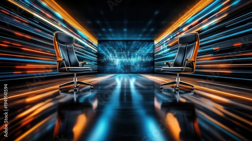 Wallpaper Mural Futuristic Office Space with Neon Lights and Sleek Black Chairs Torontodigital.ca