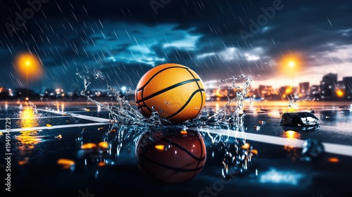 Wallpaper Mural Vibrant Basketball Splash in Rainy Urban Setting at Night Torontodigital.ca