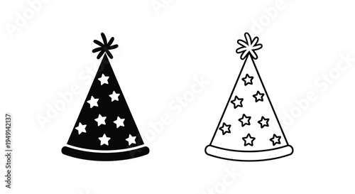 Two festive party hats with stars presented in contrasting styles silhouette