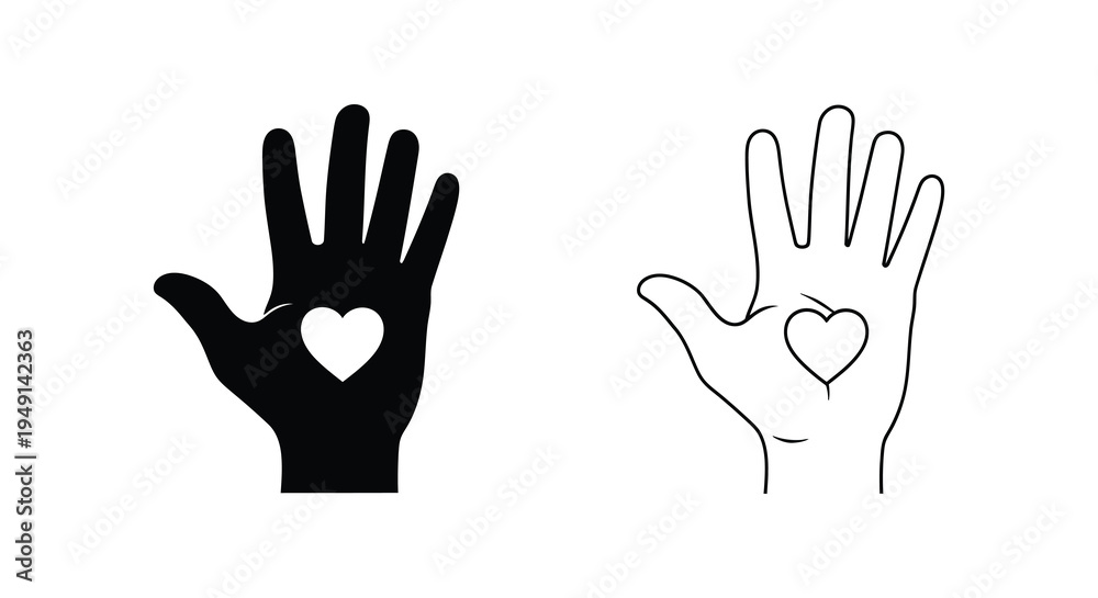 Obraz premium Two hands displaying hearts one solid one outlined a striking silhouette