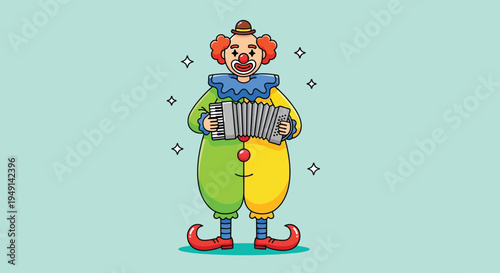 Clown playing accordion in colorful costume.