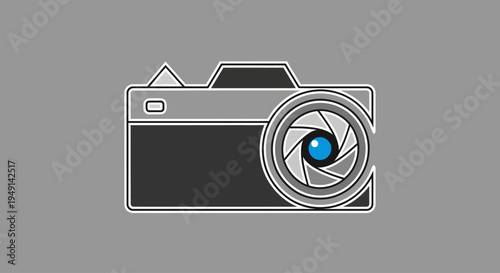 Minimalist vintage camera icon with aperture lens on gray background