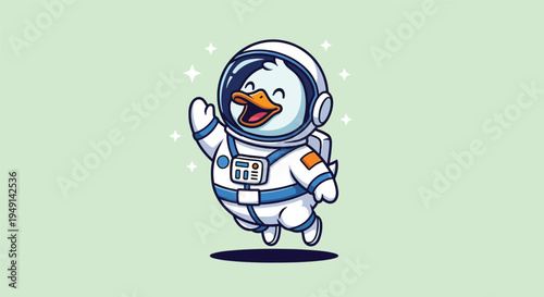 Cute Astronaut Duck Waving in Space Cartoon Illustration.