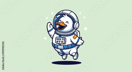 Cute Astronaut Duck Floating in Space Cartoon Illustration.