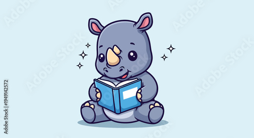 Cute Baby Rhinoceros Reading a Book Cartoon Vector Illustration.