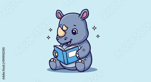 Cute Baby Rhinoceros Reading Book Cartoon Vector Illustration.