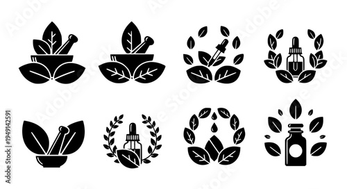 Natural Herbal Remedy Icon Set with Leaves Mortar Pestle and Botanical Medicine Bottles