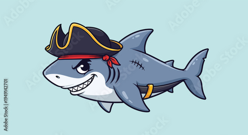 Cute Cartoon Pirate Shark with Eye Patch and Hat.