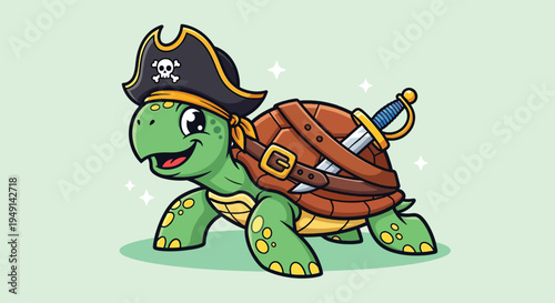 Cute Cartoon Pirate Turtle with Sword and Hat Illustration.