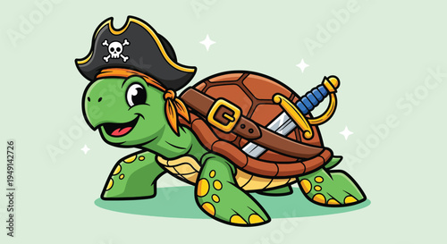 Cute Cartoon Pirate Turtle with Sword and Hat Vector Illustration.