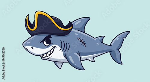 Cute cartoon shark wearing a pirate hat illustration.