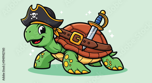 Cute Cartoon Pirate Turtle with Sword and Hat.