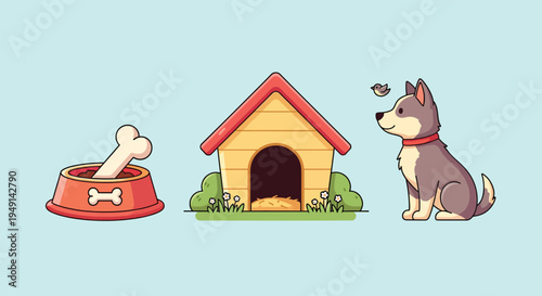 Cute Dog with Bone Bowl and Dog House Illustration.