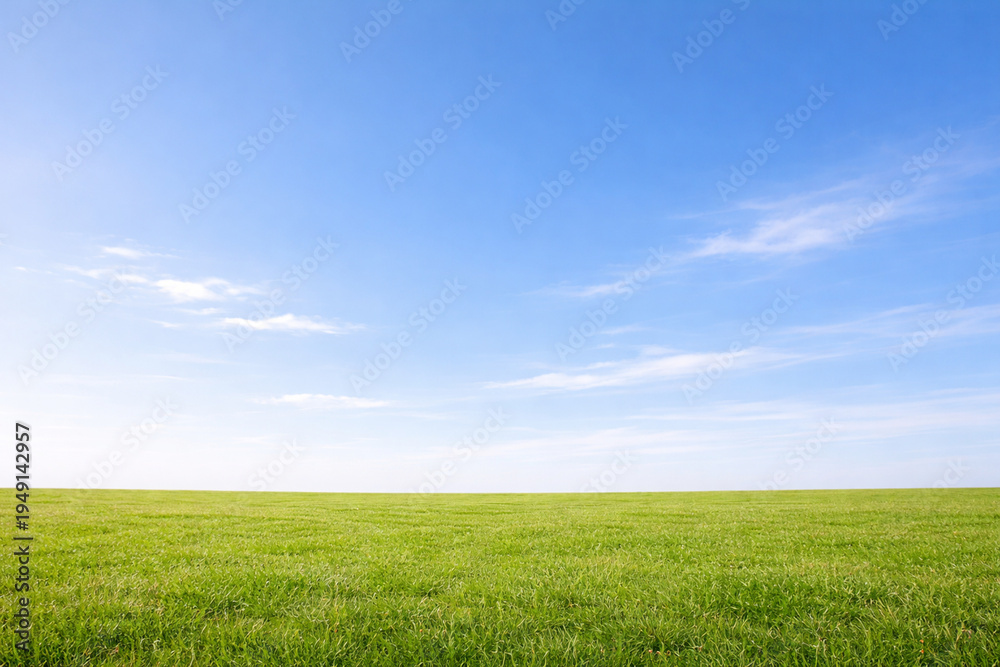 Fototapeta premium Wide Green Meadow Under Bright Blue Sky with Large Copy Space