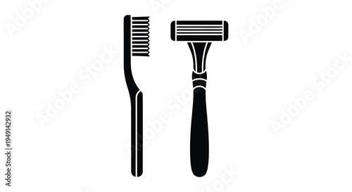 Black silhouettes of a toothbrush and razor on a white background silhouette