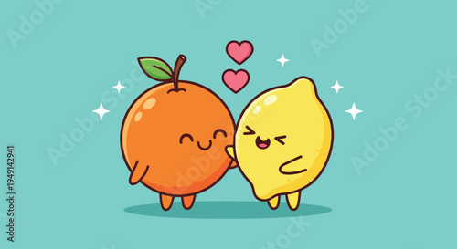 Cute orange and lemon cartoon characters in love adorable fruit couple with hearts.