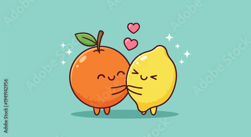 Cute orange and lemon fruit characters hugging with hearts.