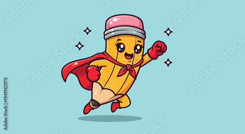 Cute Pencil Superhero Flying with Red Cape and Gloves.