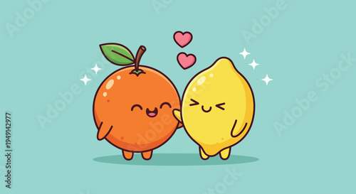 Cute Orange and Lemon Fruit Characters in Love Illustration.