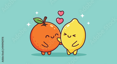 Cute orange and lemon fruits in love illustration.
