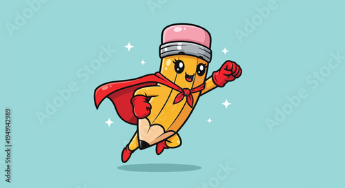 Cute Pencil Superhero Flying with Red Cape Cartoon Vector Icon Illustration.