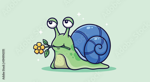 Cute Snail Holding Flower Cartoon Vector Illustration.