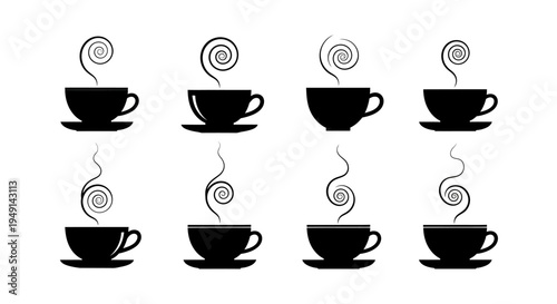 Collection of eight simple black and white hot beverage cups with swirling steam icons for coffee or tea break design