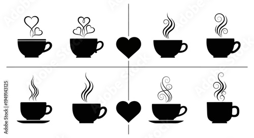 Set of coffee cup icons with heart shaped steam and swirl smoke elements for cafe restaurant identity design isolated on white background for lovers and couple