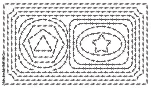 Collection of various geometric shapes and frames made from black barbed wire on a white background