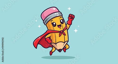 Cute Superhero Pencil Flying Cartoon Vector Icon Illustration.