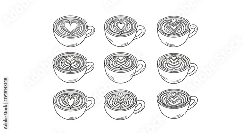 Set of nine coffee cups with various latte art designs, including hearts and leaf patterns, in outlined style