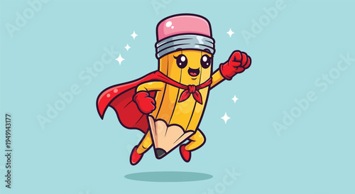 Cute Superhero Pencil Flying Cartoon Vector Illustration.