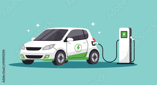 Electric car charging at a station clean energy vehicle concept.