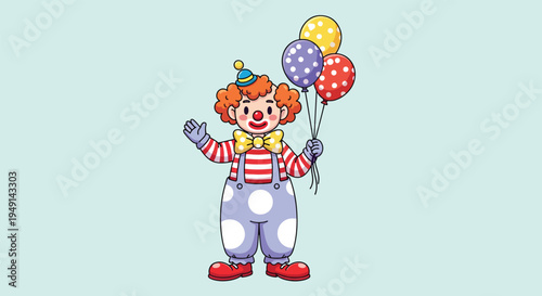 Happy Clown Holding Balloons Cheerful Circus Performer Vector Illustration.