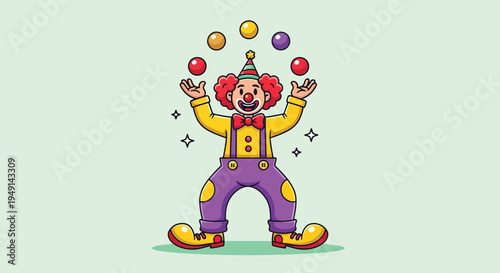 Happy Clown Juggling Colorful Balls in a Circus Performance Vector Illustration.