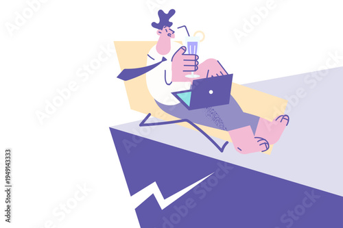 Businessman on cliff edge working on computer online