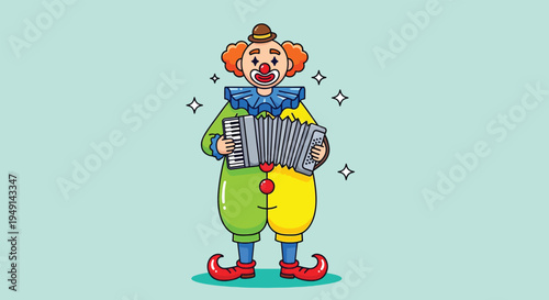 Happy Clown Playing Accordion in Colorful Costume Vector Illustration.