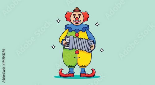 Happy Clown Playing Accordion in Colorful Costume Vector Illustration.