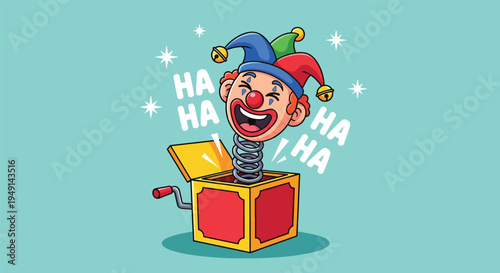 Jester clown in a jack in the box toy laughing out loud.